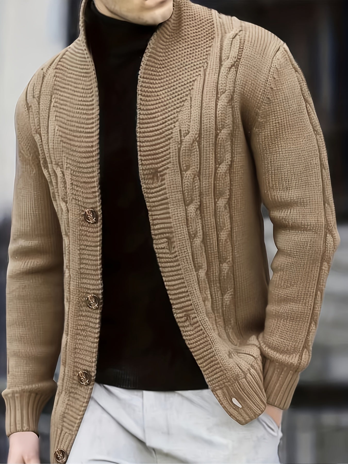 Black Solid Color - Long Sleeve Pullover with Large Lapel - Iron Genghis OBM Men's Cable Knit Sweater - Ribbed Detailing & High Elasticity - Regular Fit Casual Winter Sweater for Autumn & Cold Weather - Knitted Sweater - Seasonal Wardrobe - Classic Knitwe