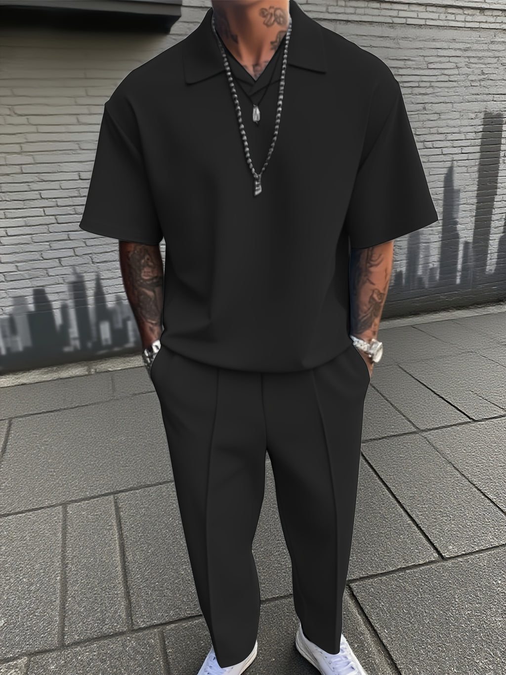 Light Gray - Men's Casual Solid Color Short Sleeve Long Pants Set - Button-Up Shirt with Chest Pocket, Loose Fit, Summer Style, Casual Attire|Casual Style|Slight Stretch Fabric