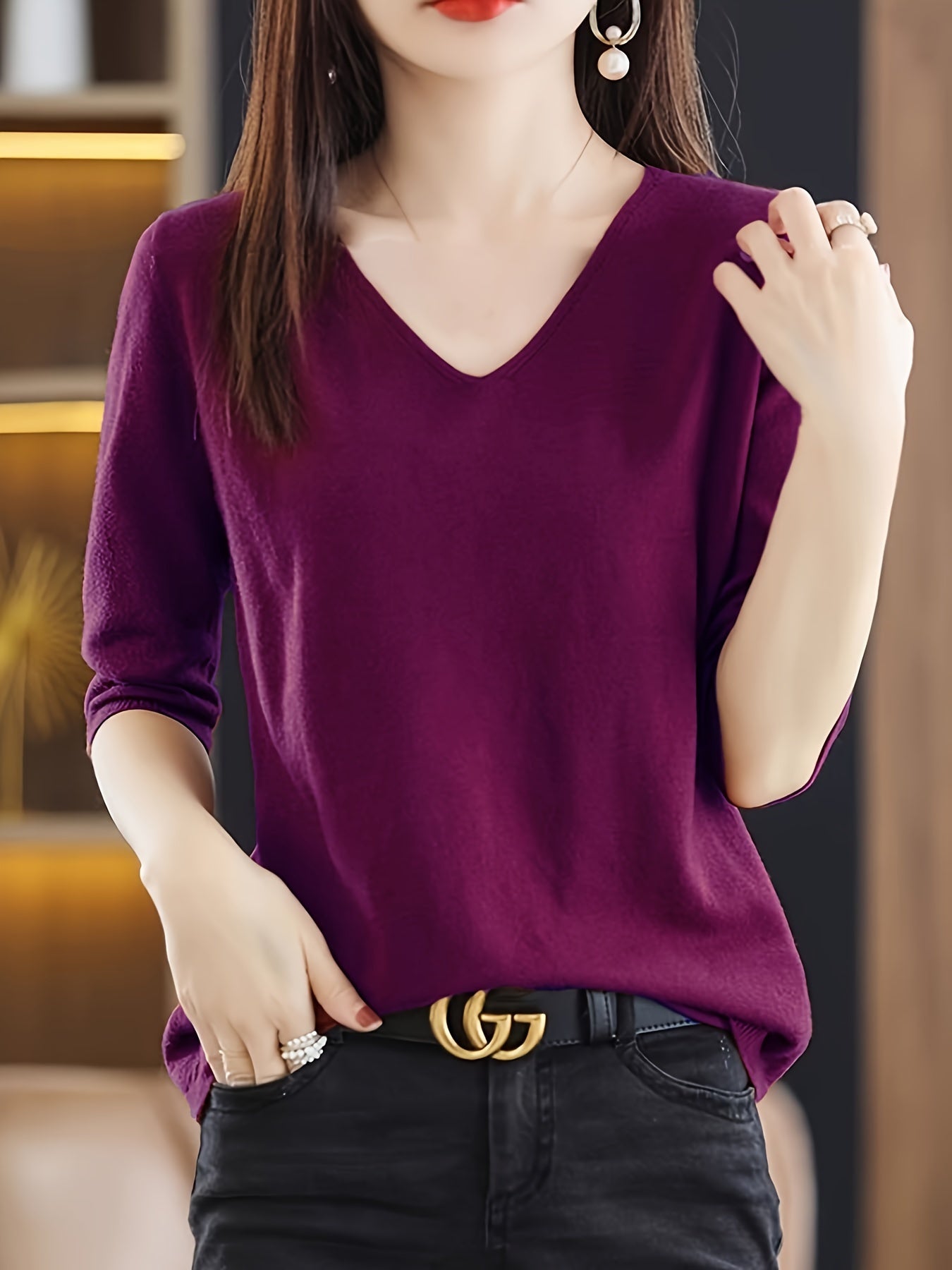 top v-neck, ice silk, simple, versatile