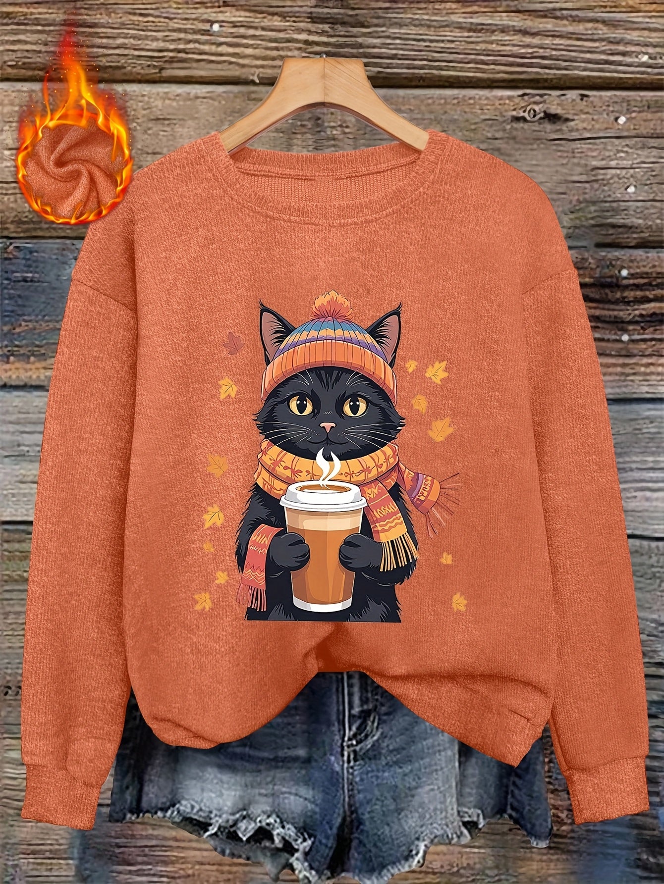 Autumn/Winter N - Coffee-Drinking Kitten Print Women's - Casual Round Neck Faux Fabric Top