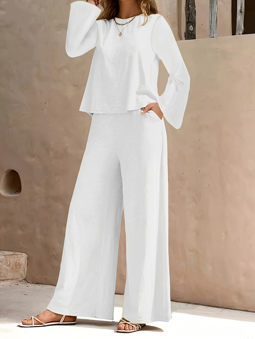 Women'S Casual Solid Color Long Sleeve Round Neck Top And Pants Set, Women'S Clothing