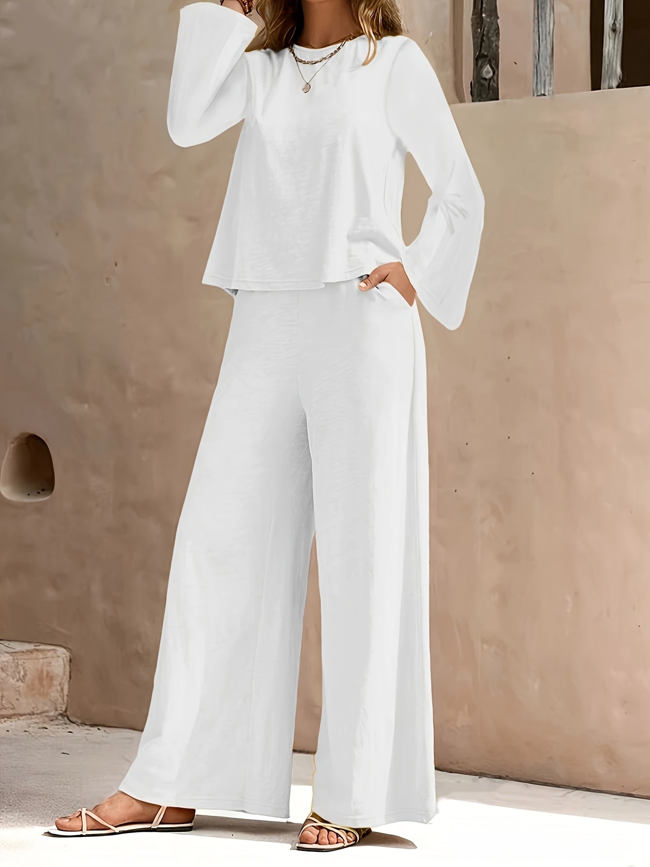 Women'S Casual Solid Color Long Sleeve Round Neck Top And Pants Set, Women'S Clothing