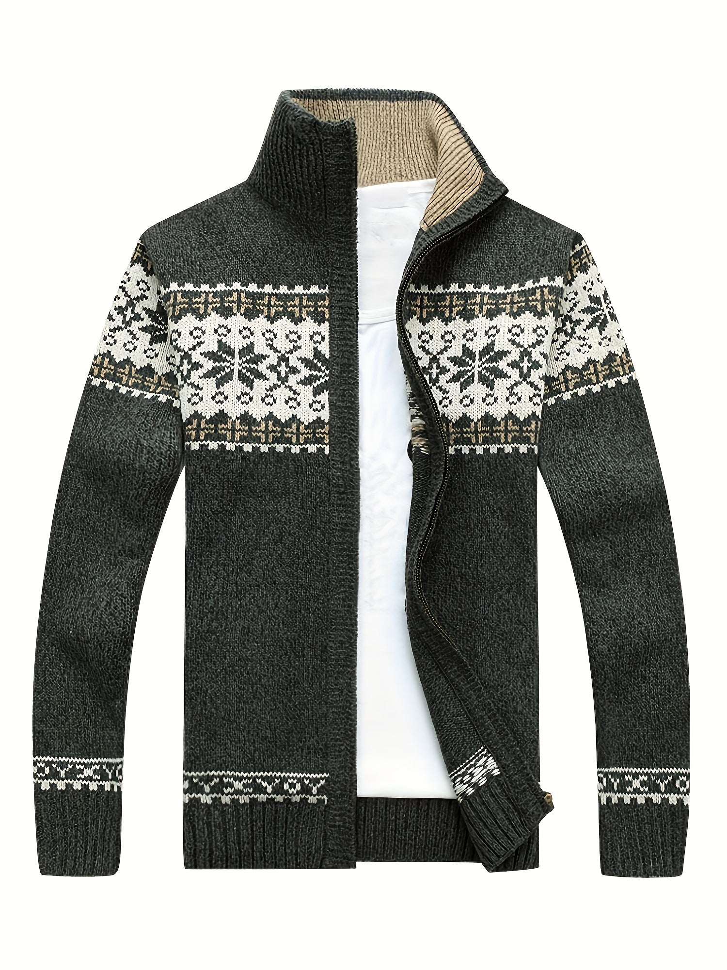 Men'S Casual Winter Knit Cardigan - Black with Intricate White Snowflake Pattern, Stand Collar, Long Sleeve, Zipper Closure, Perfect for Fall & Winter, Everyday Comfort|Stylish Winter Wear|Zippered Cardigan, Thick