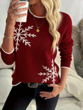 Winter Fashion - Cozy Red Sweater with Snowflake Design - Women's Casual Crew Neck, Long Sleeve - All-Season Comfort, Casual Wear - Cozy Sweater, Winter Outfit
