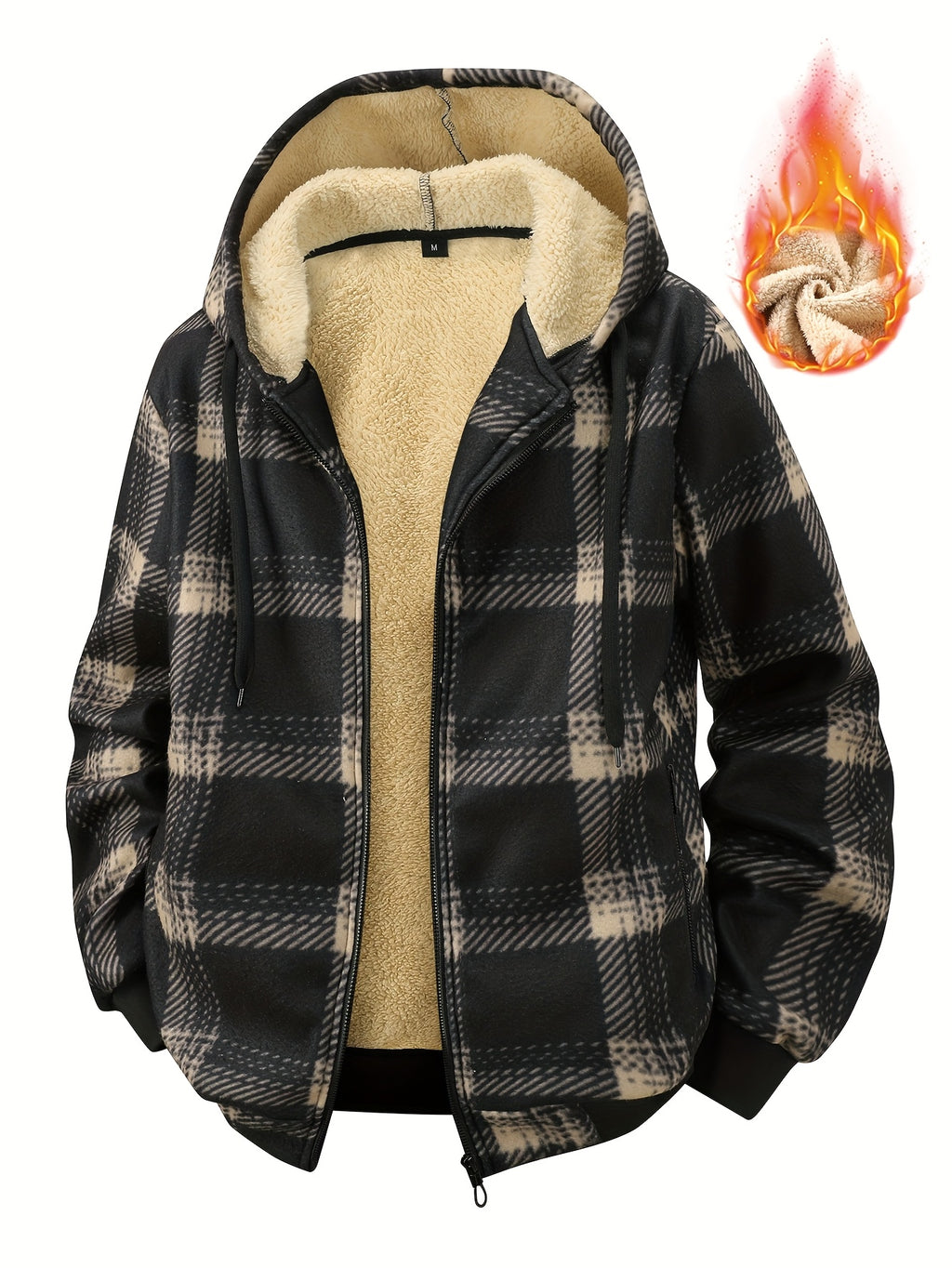 Men'S Heavyweight Winter Jacket - Thermal Insulated Zip-Up Coat with Full-Zip Closure, Hooded Outerwear for Cold Weather, Front Pockets - Brown, Casual Outerwear, Plaid Pattern, Warm Insulation, Outdoor Enthusiasts