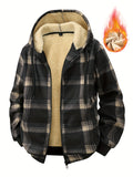 Men'S Heavyweight Winter Jacket - Thermal Insulated Zip-Up Coat with Full-Zip Closure, Hooded Outerwear for Cold Weather, Front Pockets - Brown, Casual Outerwear, Plaid Pattern, Warm Insulation, Outdoor Enthusiasts