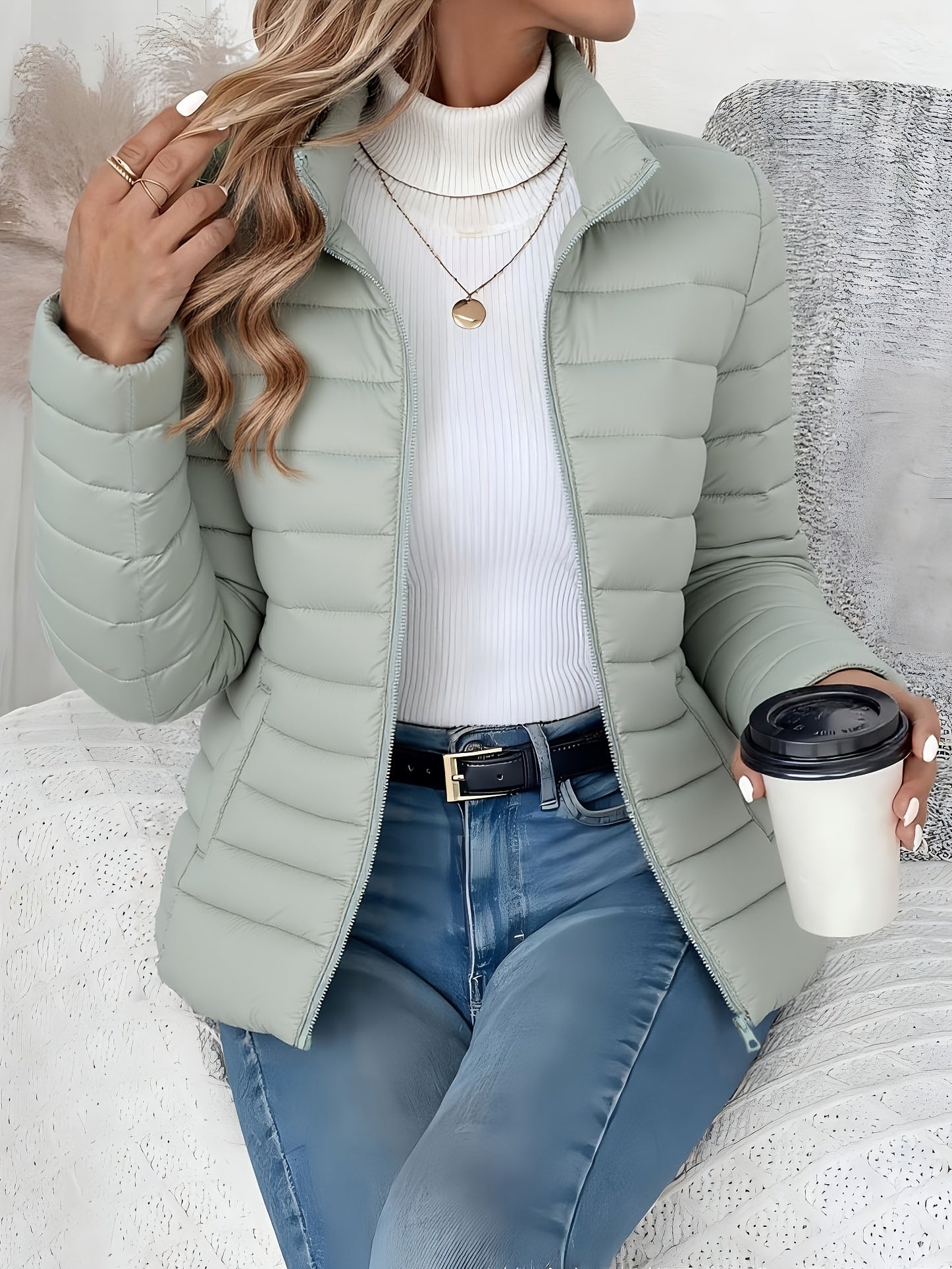 Women's Autumn and Winter Slim-fit Lightweight Warm Solid Color Jacket - Elegant Fashion Versatile Beautiful Outerwear - Stand-Up Neck Zipper Long Sleeve - Casual Fleece Polyester Short Winter Clothing - Halloween Christmas Gift