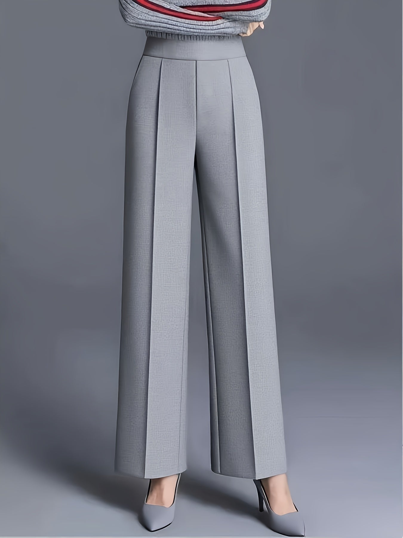 Plus Size - Plus-Size Women'S Elegant High-Waisted Wide-Leg Pants in Solid Pink/Navy Blue, Featuring a Tailored Straight Cut, Diagonal Pockets, Suitable for All Seasons, Office Casual Wear, Machine Washable, Designed Specifically for Curvy Figures.