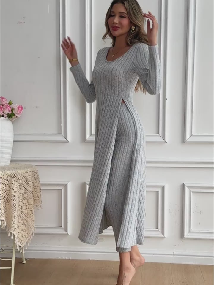 Round-neck, split-hem long-sleeved top and trousers set with a plaid pattern, suitable for spring and autumn.